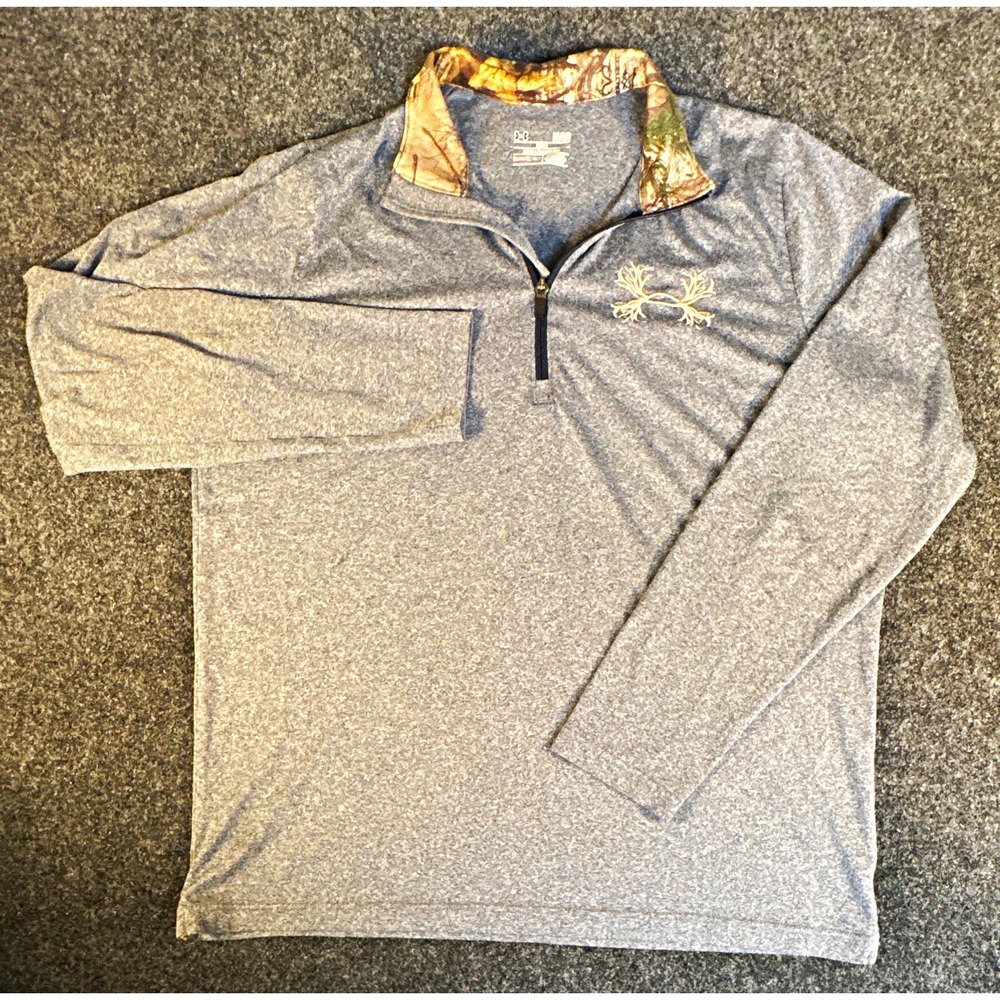 Under Armour Mens Realtree Gray Camo 1/4 Zip Pullover Large HeatGear 1307